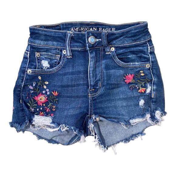 American Eagle Hi-Rise Shortie Stretch Floral Embroidered Jean Shorts Size 00 - Picture 1 of 9